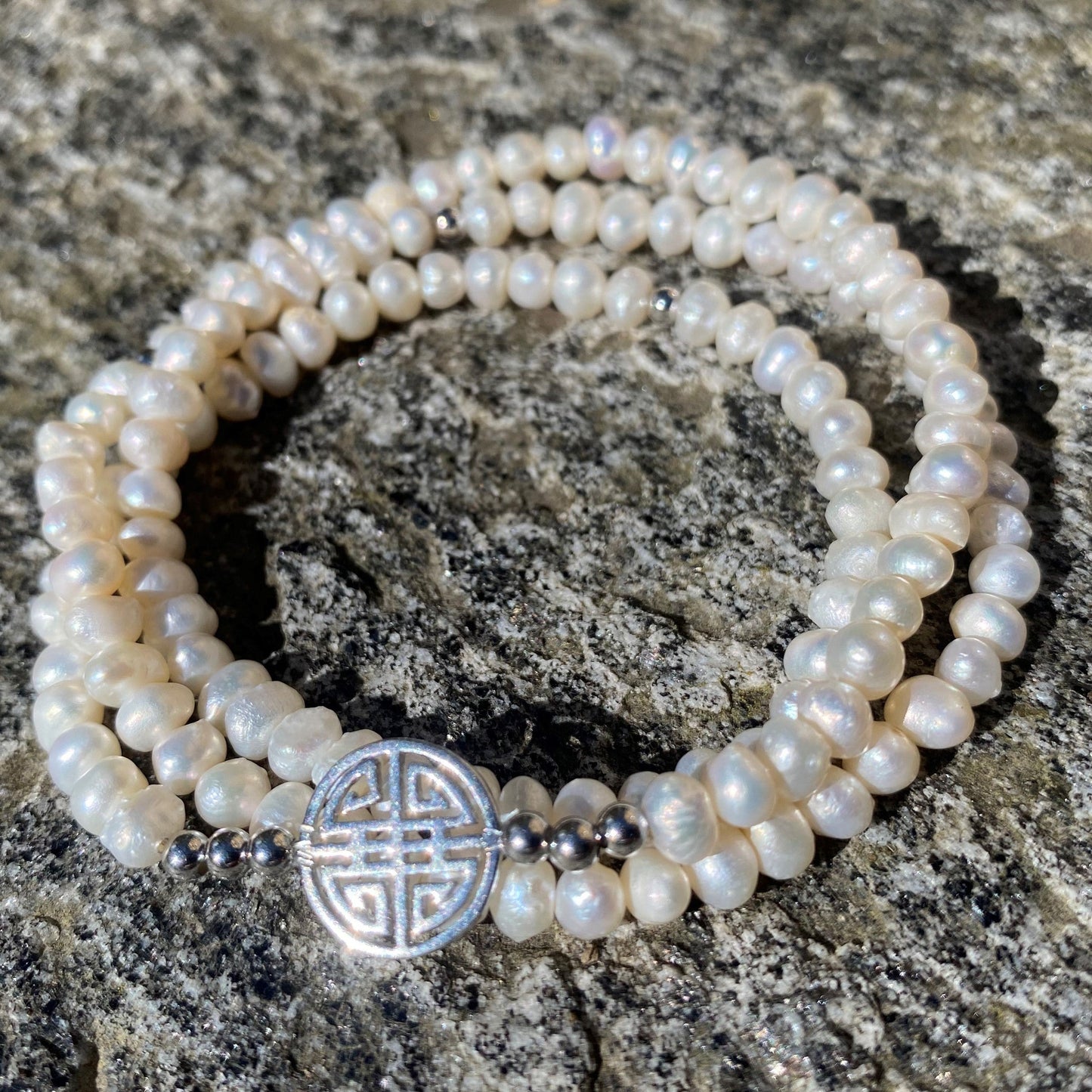 Lucky Pearl · White fresh-water Pearls, Triple Silver Lucky Bracelet