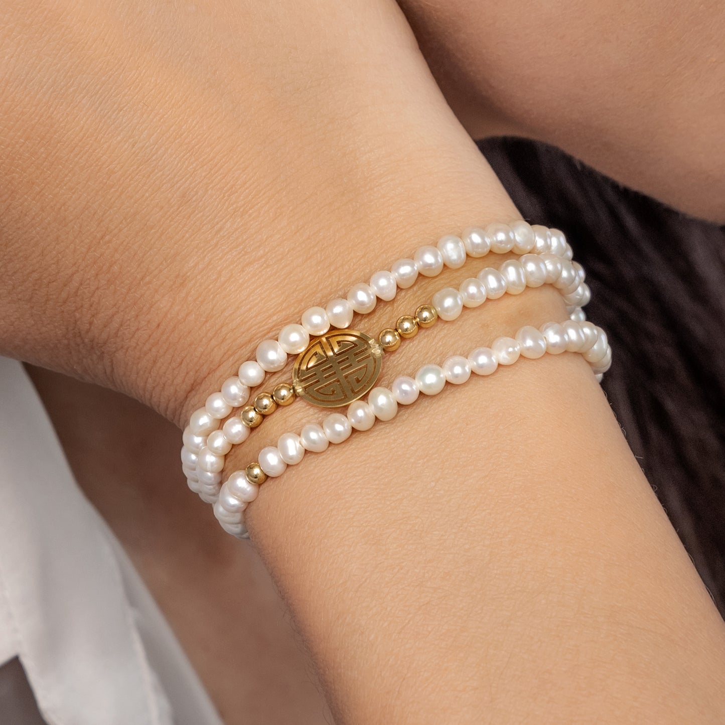 Lucky White fresh-water pearls, Triple Gold Lucky Bracelet