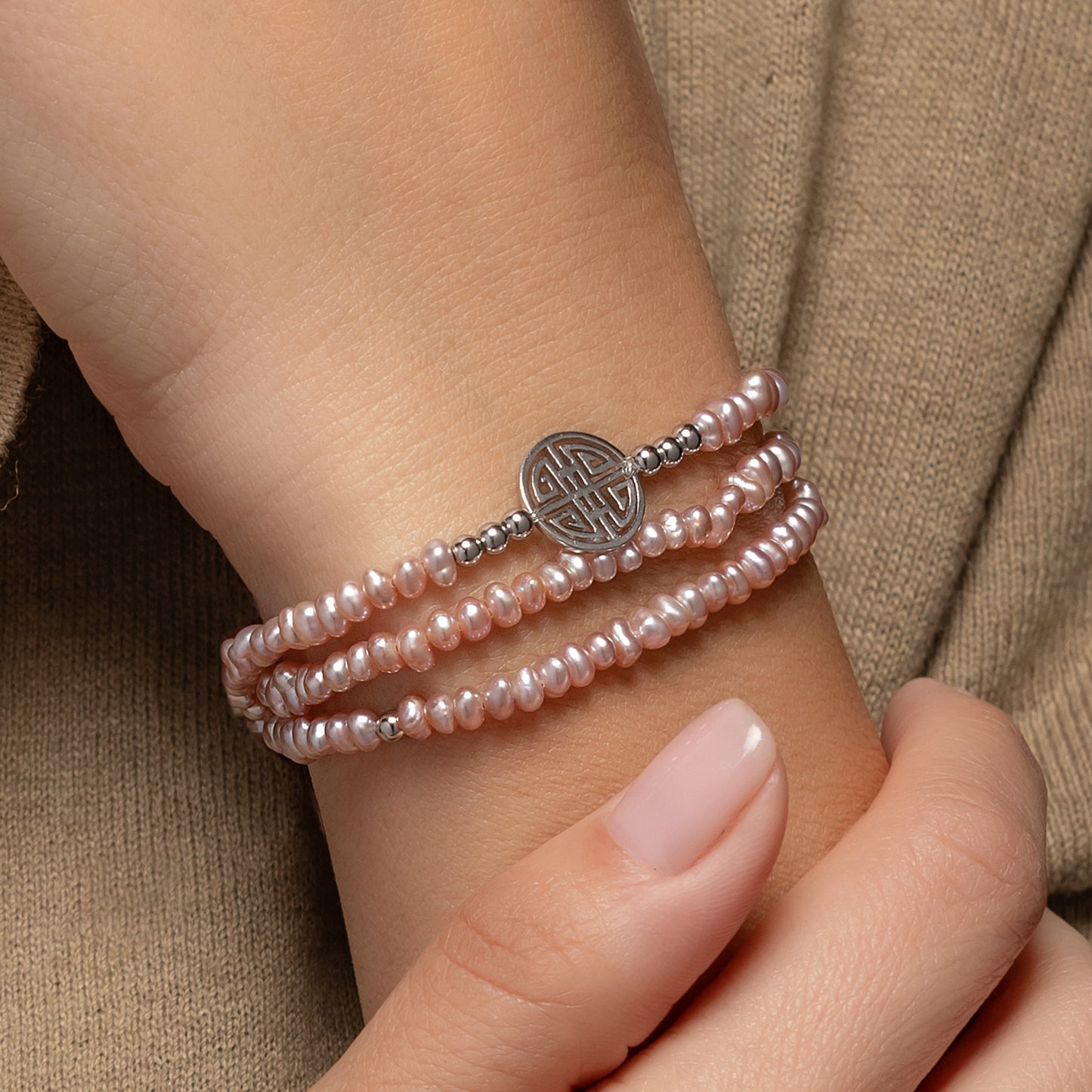 Lucky Rosa · Rose fresh-water Pearls, Triple Silver Lucky Bracelet