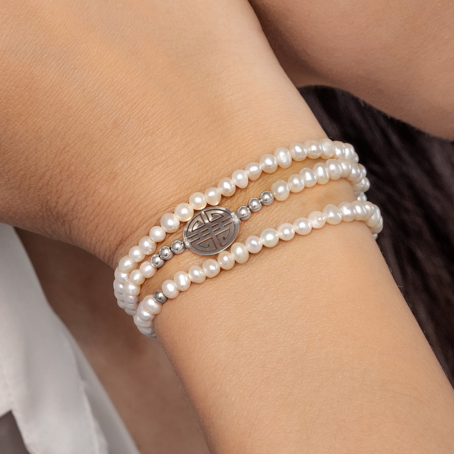 Lucky Pearl · White fresh-water Pearls, Triple Silver Lucky Bracelet