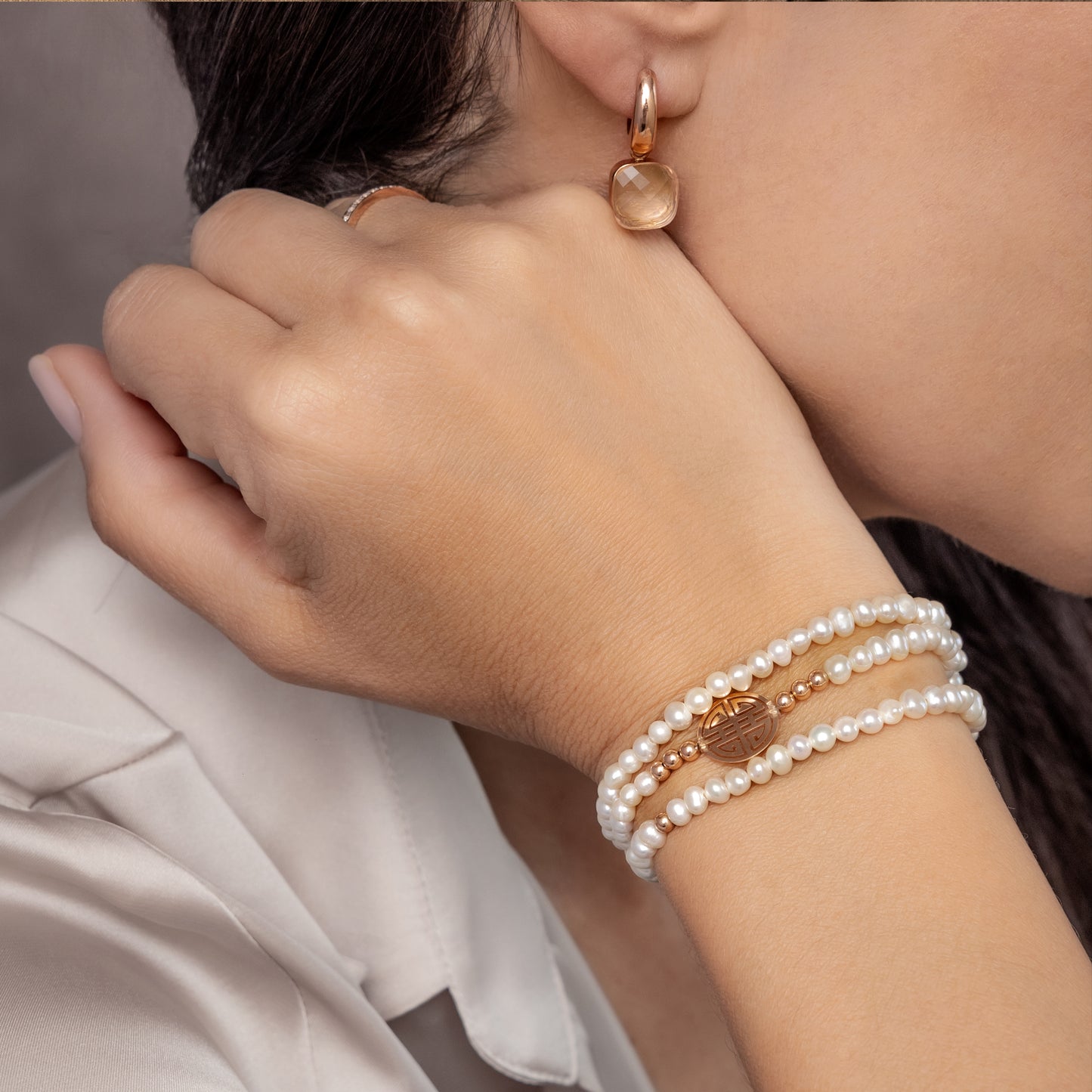 Lucky White fresh-water Pearls, Triple Rose Gold Lucky Bracelet