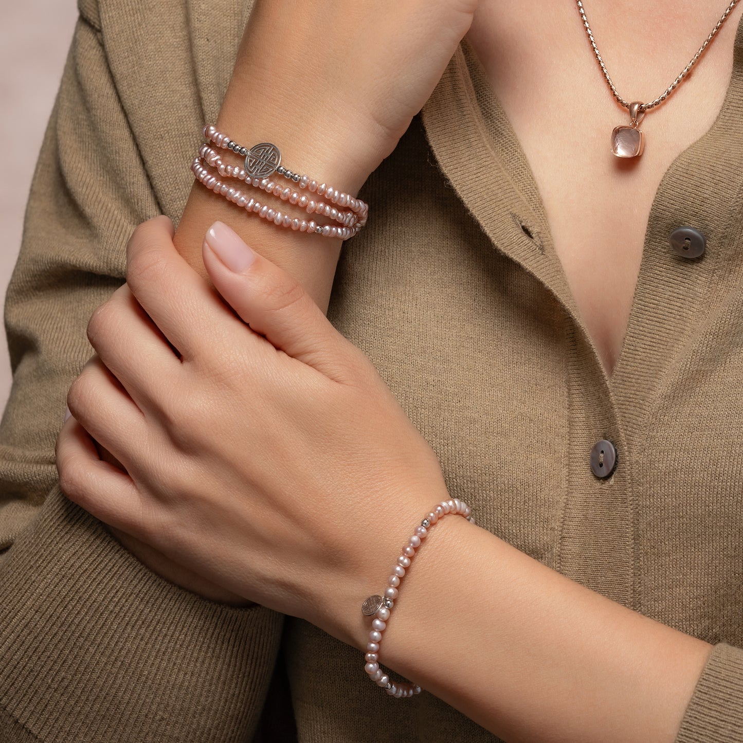 Lucky Rosa · Rose fresh-water Pearls, Triple Silver Lucky Bracelet