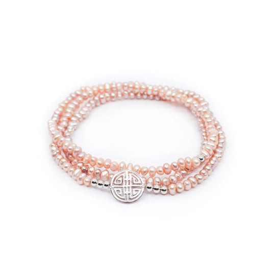 Lucky Rosa · Rose fresh-water Pearls, Triple Silver Lucky Bracelet