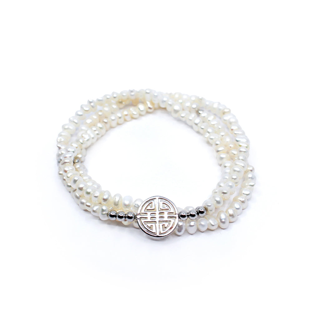 Lucky Pearl · White fresh-water Pearls, Triple Silver Lucky Bracelet