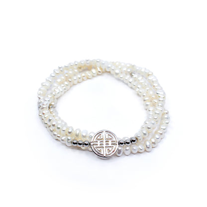 Lucky Pearl · White fresh-water Pearls, Triple Silver Lucky Bracelet