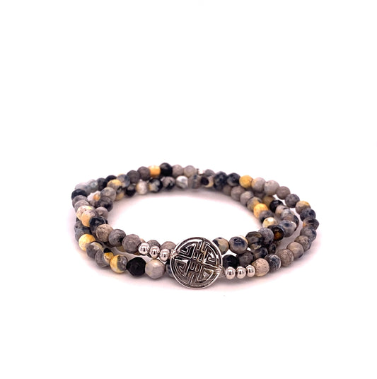 Lucky Allegra · Onyx and grey and yellow Agate, Triple Silver Lucky Bracelet