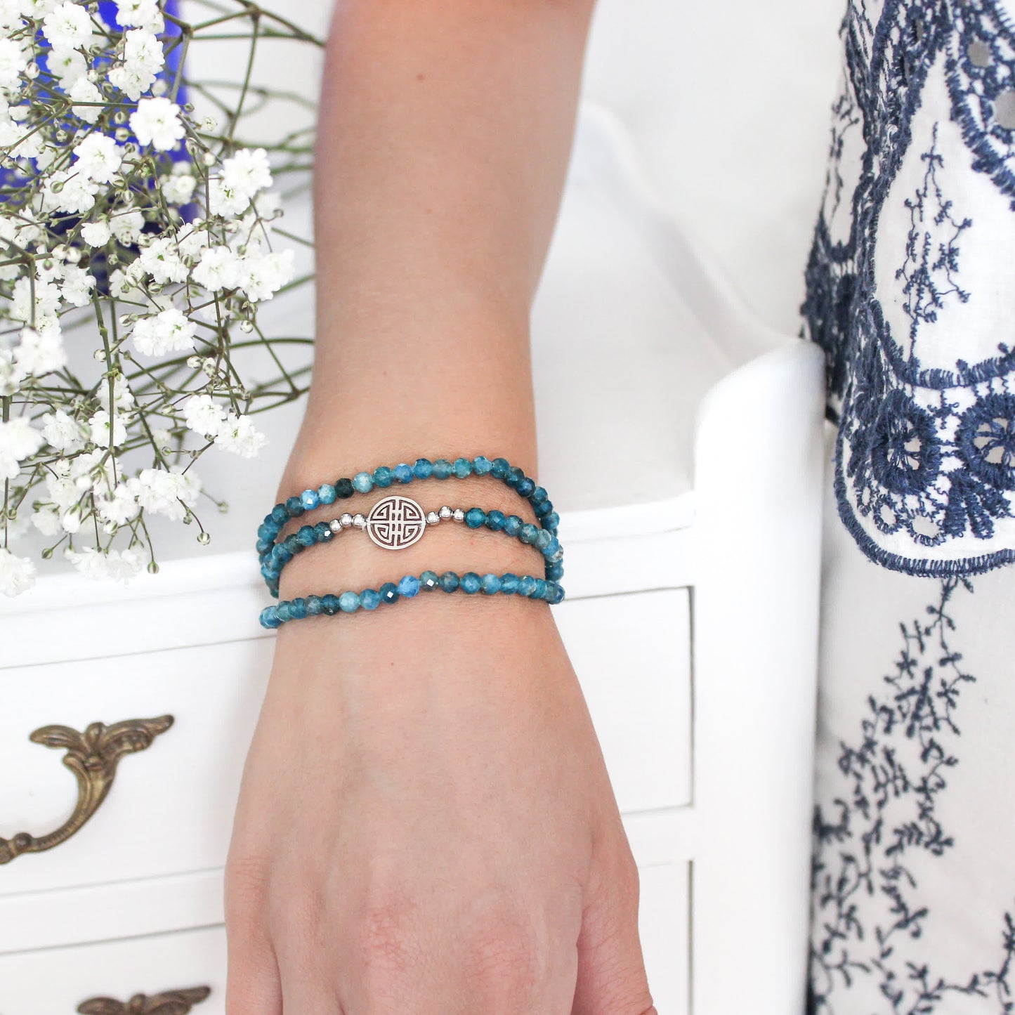 Lucky Angel · Ocean-blue Apatite, Triple Silver Lucky Bracelet