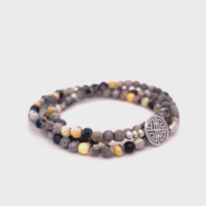 Lucky Allegra · Onyx and grey and yellow Agate, Triple Silver Lucky Bracelet