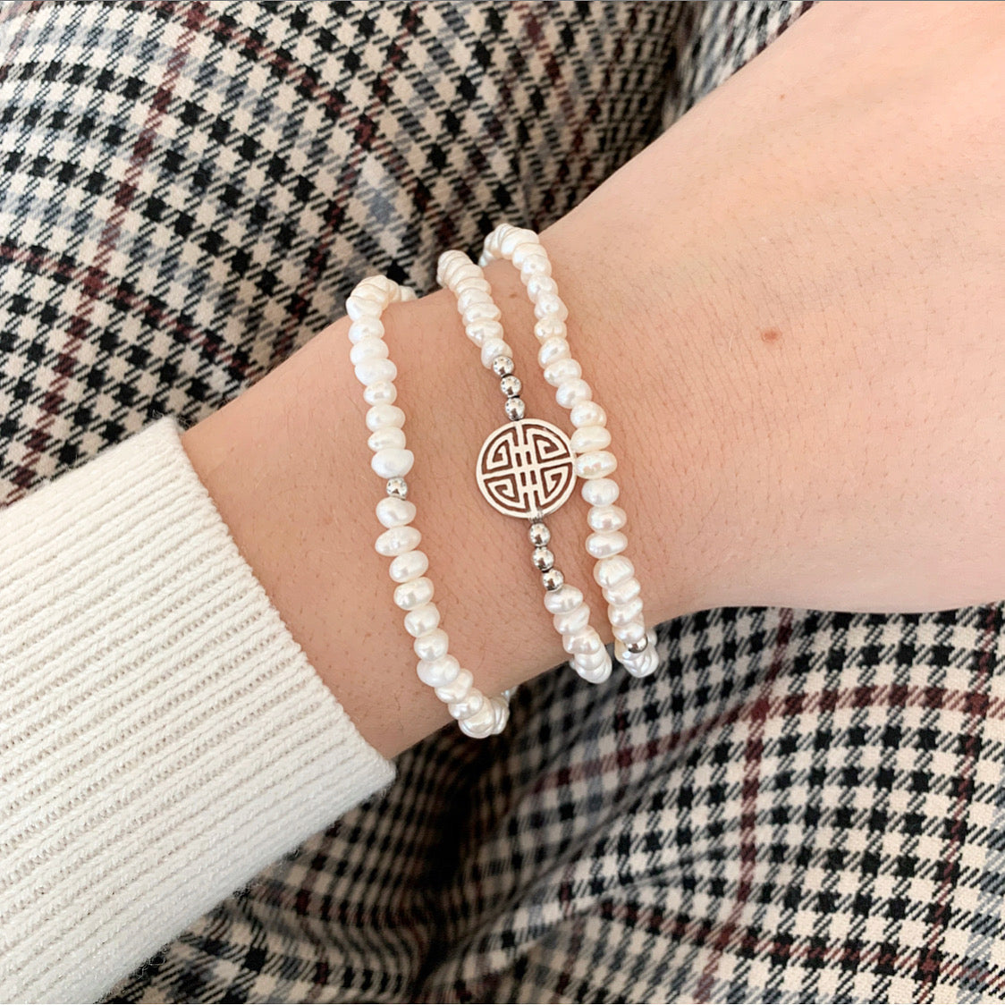 Lucky Pearl · White fresh-water Pearls, Triple Silver Lucky Bracelet