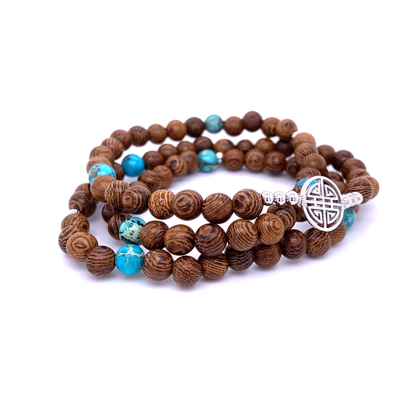 Lucky Woody · Wood and Turquoise, Triple Silver Lucky Bracelet