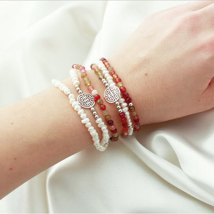 Lucky Alma · White, rose and olive Agate, Triple Silver Lucky Bracelet