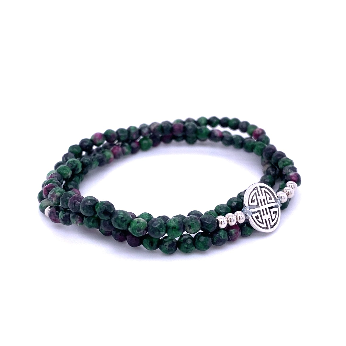 Lucky Alana · Green and red Agate, Triple Silver Lucky Bracelet