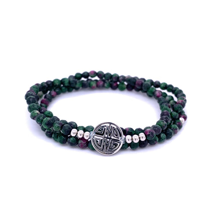 Lucky Alana · Green and red Agate, Triple Silver Lucky Bracelet