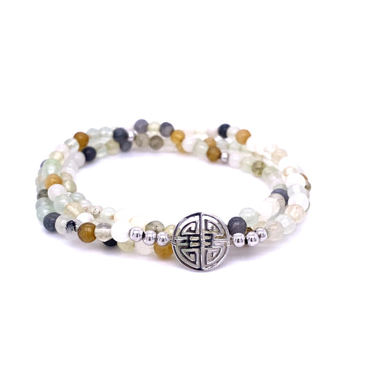 Lucky Alicia · White, grey and yellow Agate, Triple Silver Lucky Bracelet