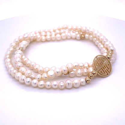 Lucky White fresh-water pearls, Triple Gold Lucky Bracelet