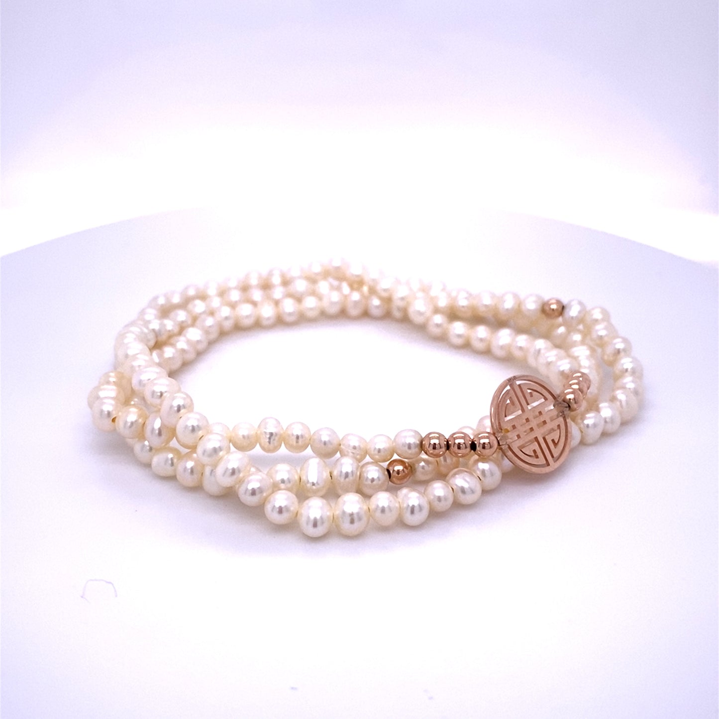 Lucky White fresh-water Pearls, Triple Rose Gold Lucky Bracelet